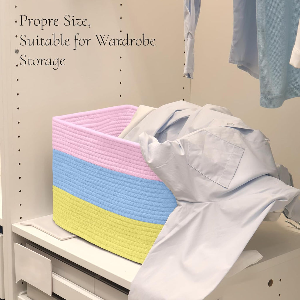 Hopegiver Woven Storage Baskets 15x11x10 Inch, 3 Pack Collapsible Cube Storage Bin for Shelves - Foldable Cotton Rope Organizer Bins for Towels, Toys, Books, Closet, Nursery (Pink Blue Yellow)