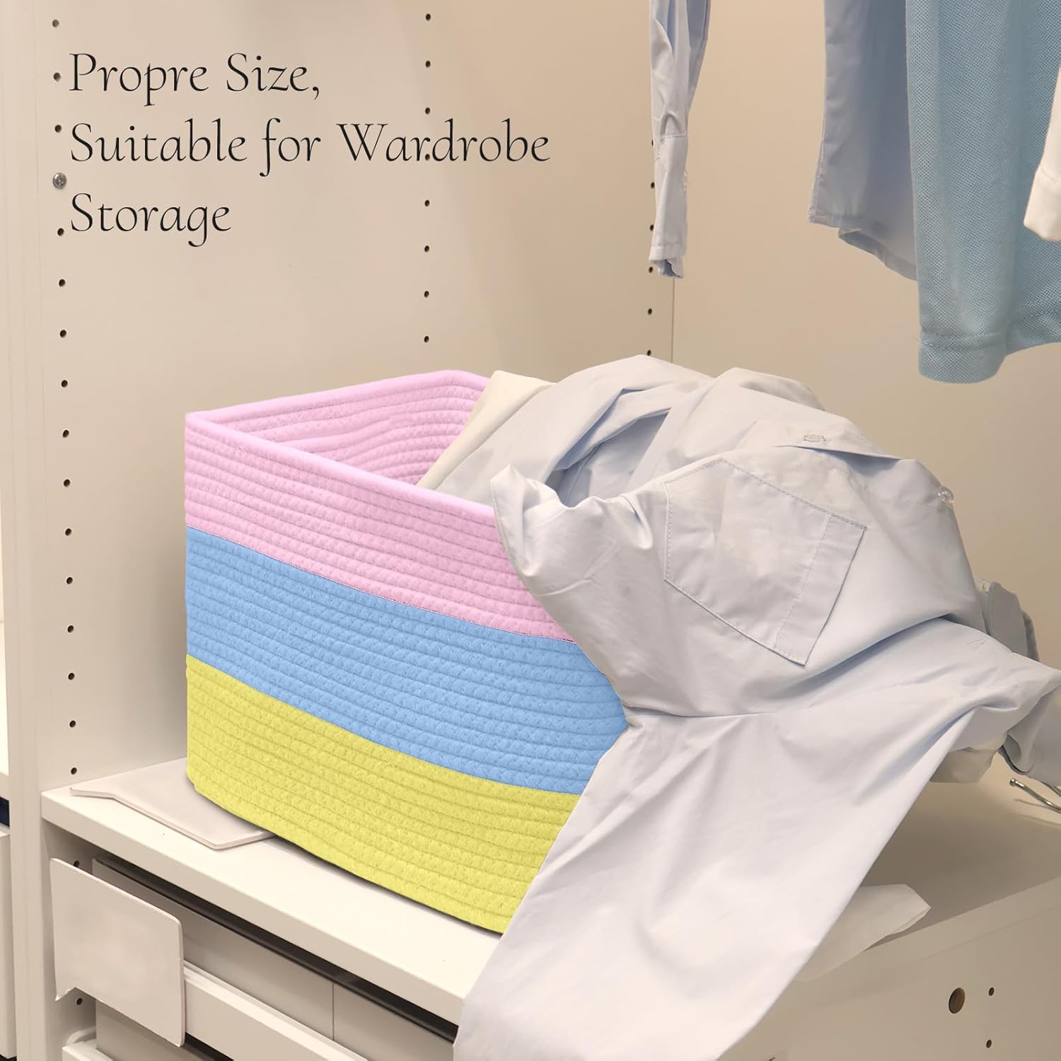 Hopegiver Woven Storage Baskets 15x11x10 Inch, 3 Pack Collapsible Cube Storage Bin for Shelves - Foldable Cotton Rope Organizer Bins for Towels, Toys, Books, Closet, Nursery (Pink Blue Yellow)