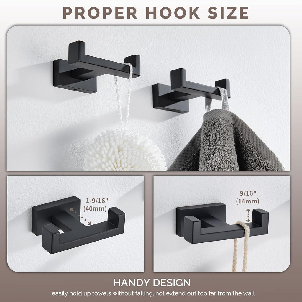 Angle Simple Bathroom Towel Hooks, Stainless Steel Shower Double Robe Coat Hooks for Wall, Matte Black, 2 Pack