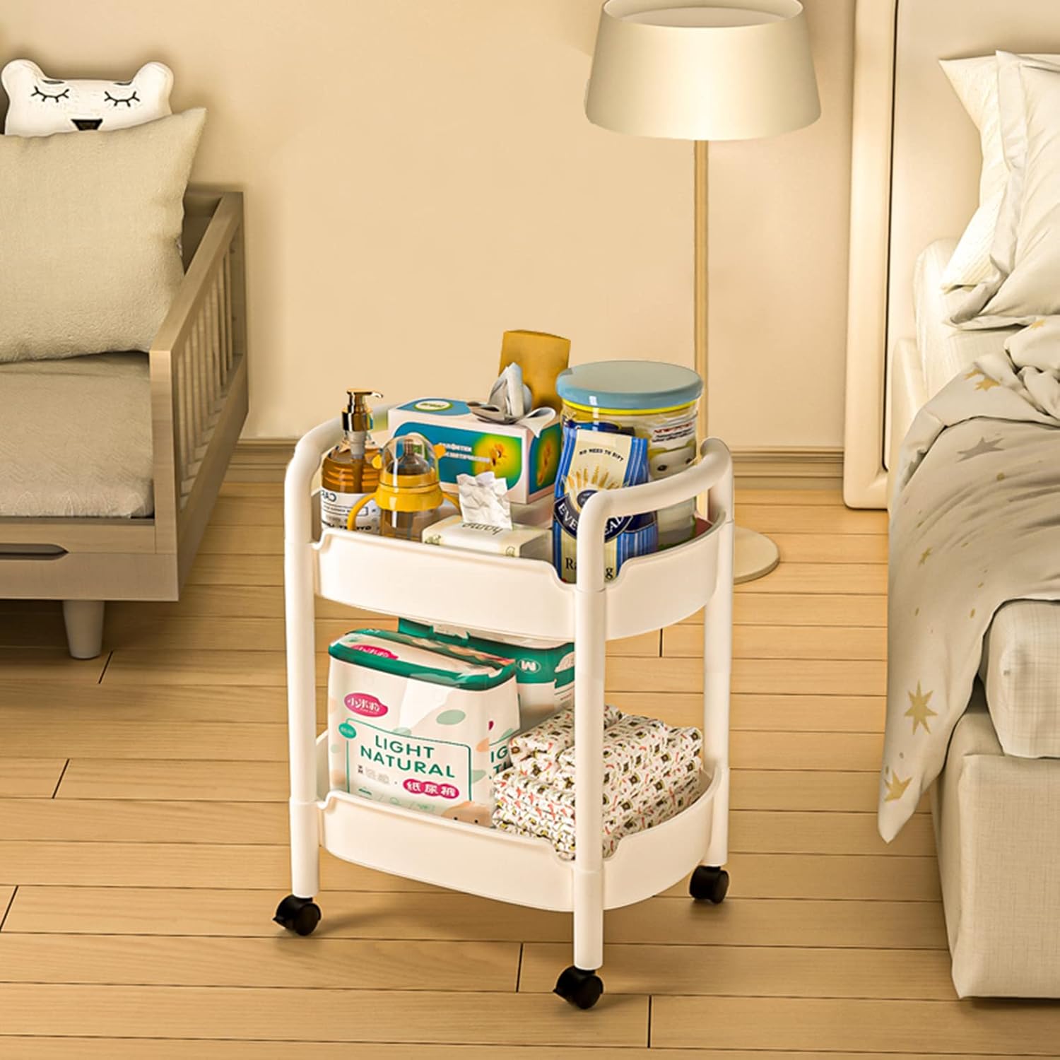 2-Tier Plastic Rolling Utility Cart with Handle Tower Rack Snack Cart with Wheels Multi-Functional Storage Trolley for Kitchen Bathroom Laundry Home Office Living Room Organization, White