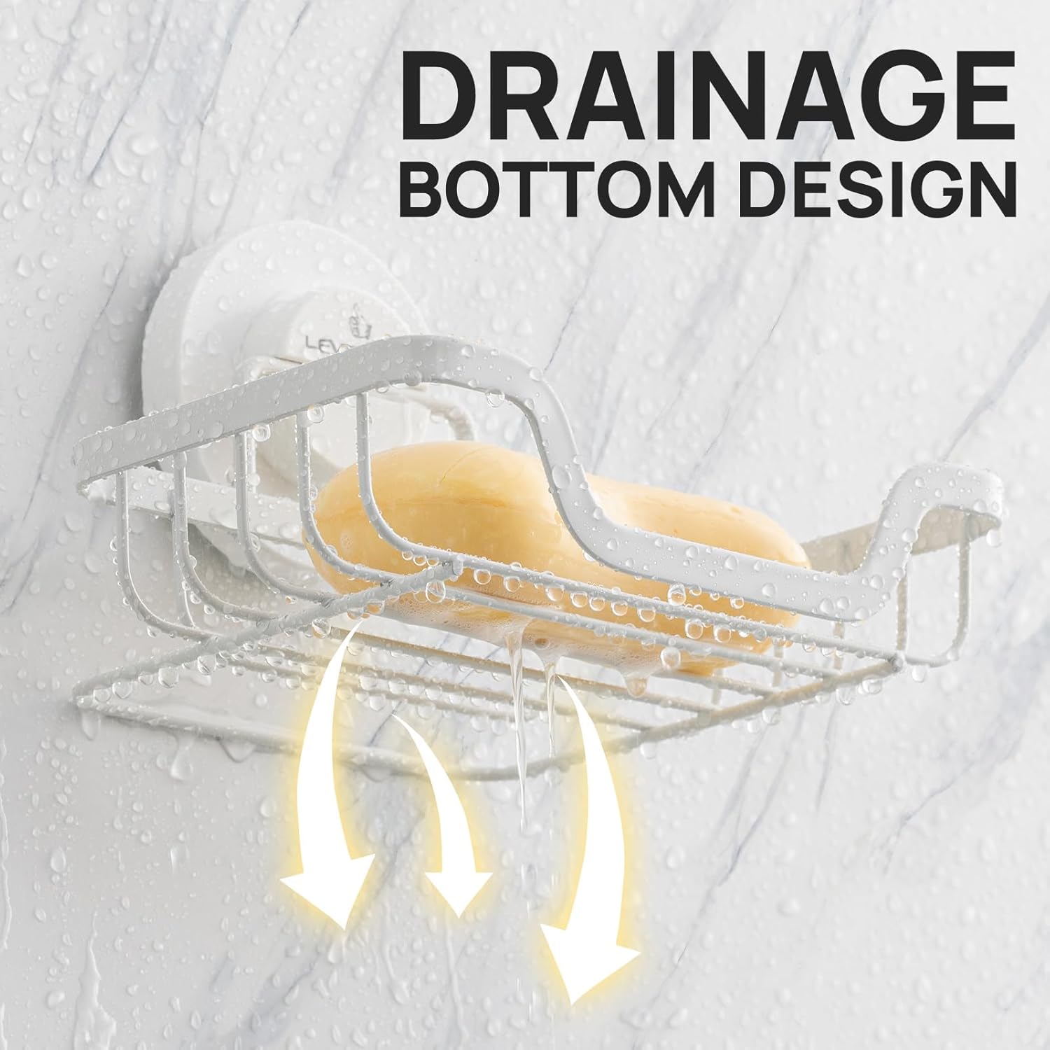 LEVERLOC Soap Dish, Soap Bar Holder for Shower Suction Cup Wall Mounted, Stainless Steel No-Drilling Removable Waterproof Sponge Holder for Bathroom Bathtub Kitchen Sink, Keep Dry, White