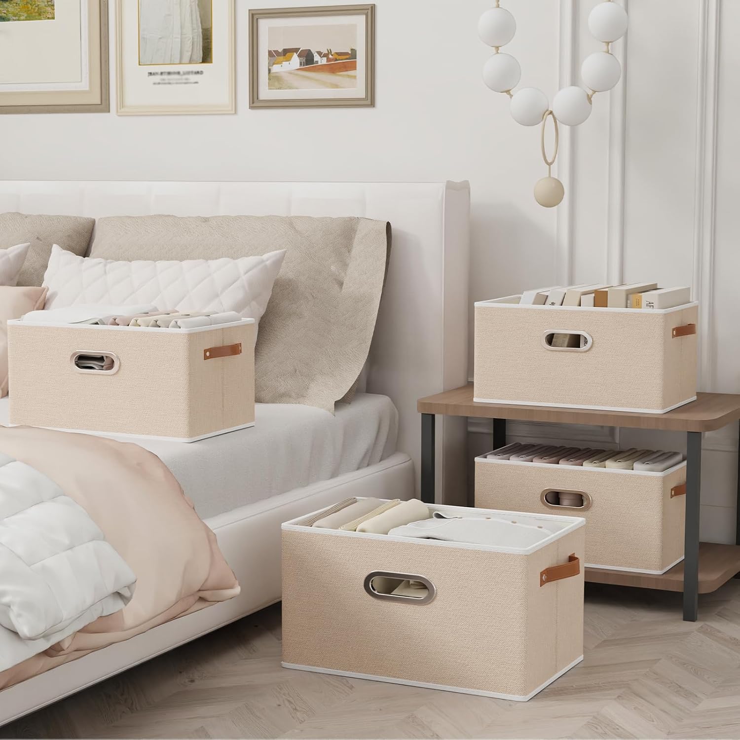 Yawinhe Fabric Storage Bins with Handles, Foldable Baskets for Shelves, Cubes with 3 Handles, Large Boxes for Clothes, Beige, 16.9''Lx11.8''Wx10.2''H, 6-Pack