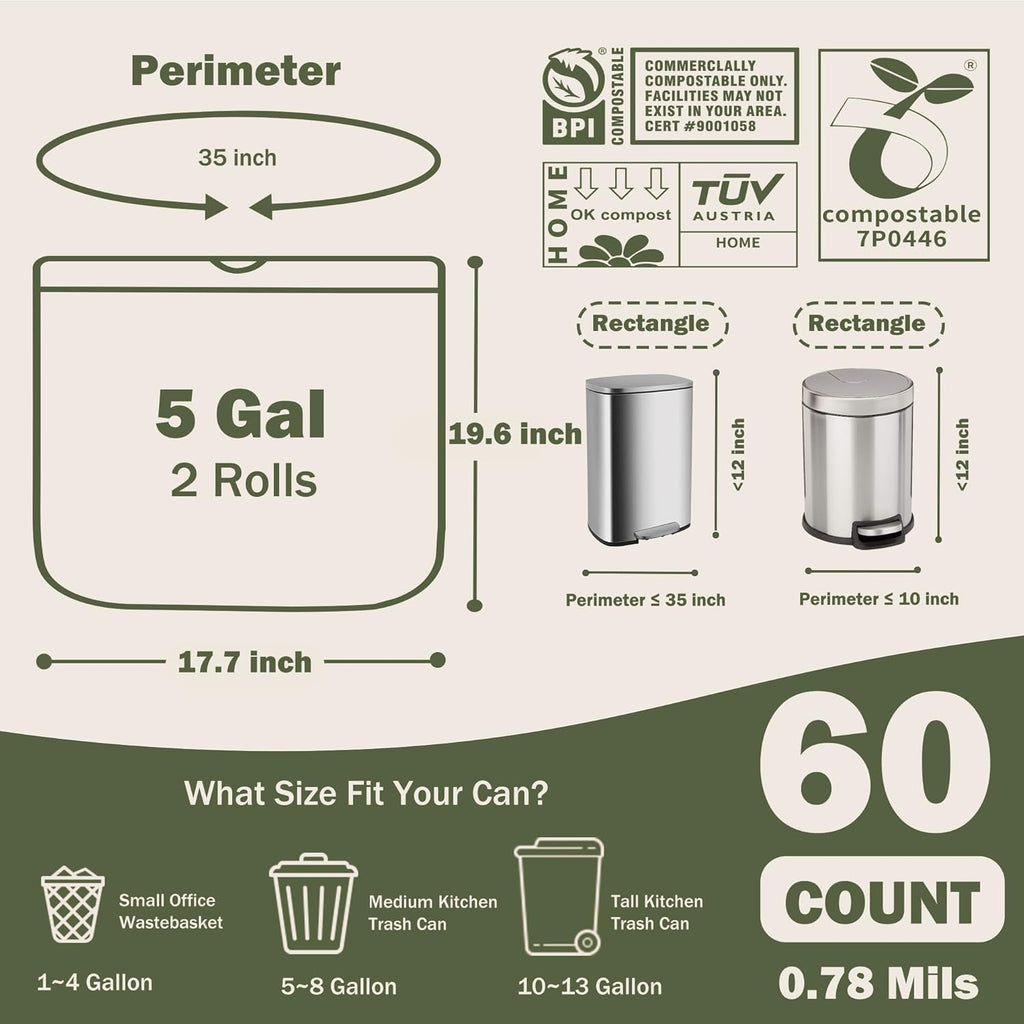 Compost Bags 5 Gallon with Drawstring Tear Off 20 Liter Extra Thick 0.78 Mils Compostable Food Scrap Waste Bags with US BPI ASTM D6400 and Europe OK Compost Home Certified 60 Counts