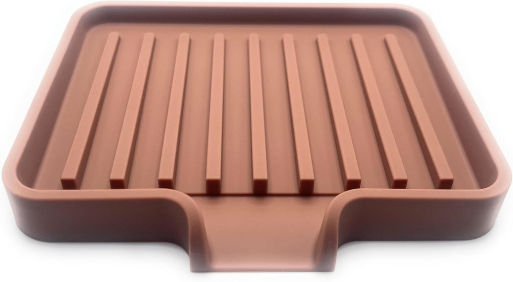 Happitasa Silicone Soap Dish Tray and Sponge Holder with Drain Chute, Pack of 2 | Bathroom and Kitchen Sink Organizer Caddy (Mocha, 5.2"x4", 7.2 Ounces)