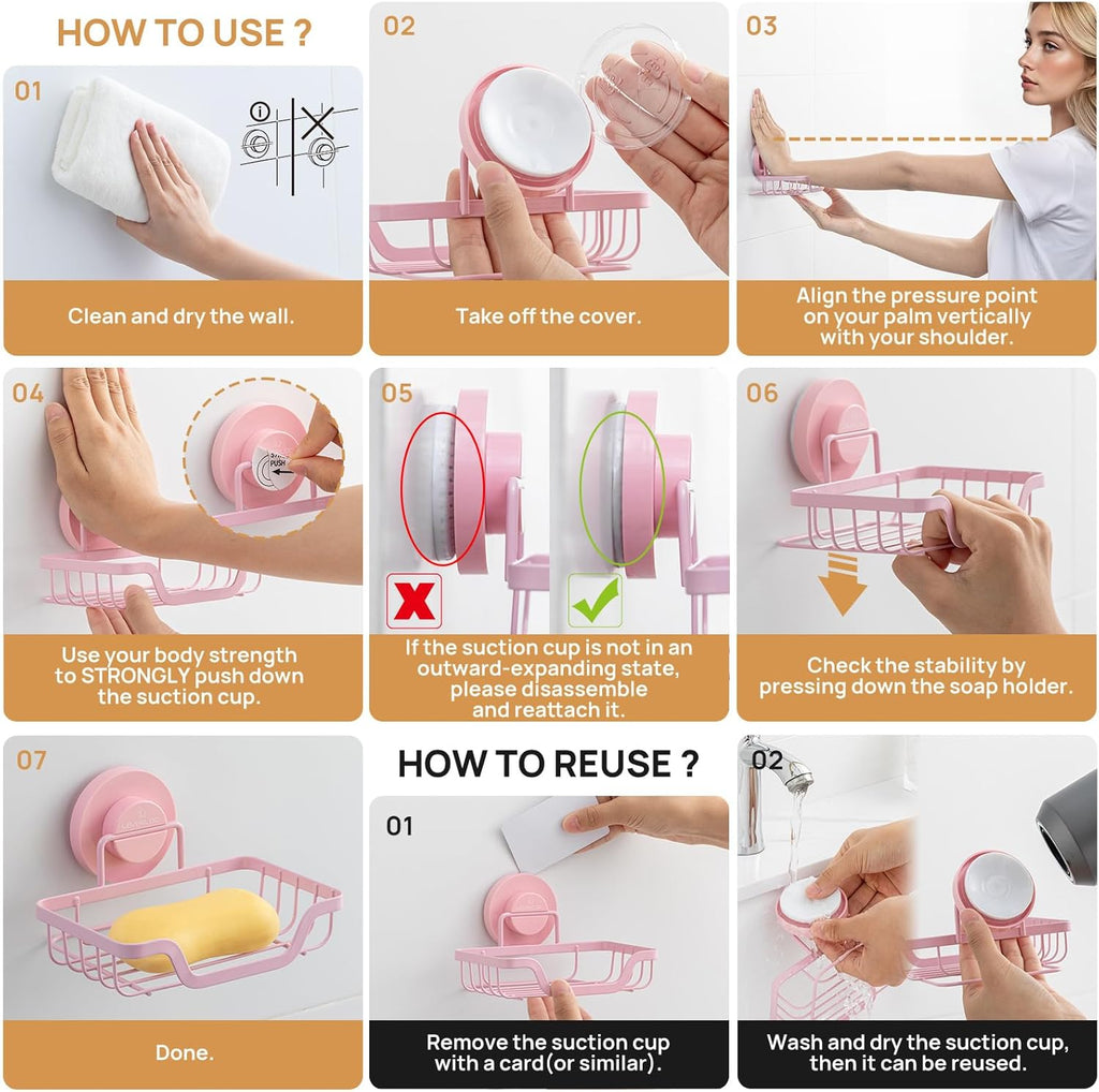 LEVERLOC Soap Dish, Soap Bar Holder for Shower Suction Cup Wall Mounted, Stainless Steel No-Drilling Removable Waterproof Sponge Holder for Bathroom Bathtub Kitchen Sink, Keep Dry, Pink