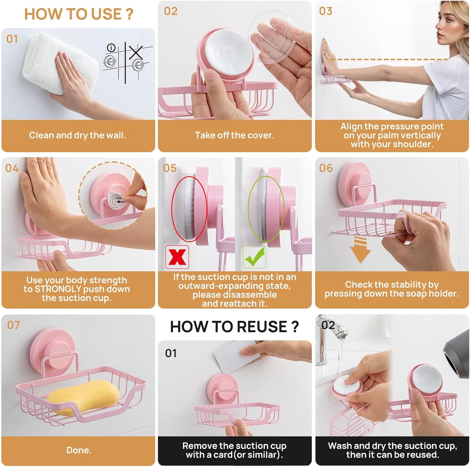 LEVERLOC Soap Dish, Soap Bar Holder for Shower Suction Cup Wall Mounted, Stainless Steel No-Drilling Removable Waterproof Sponge Holder for Bathroom Bathtub Kitchen Sink, Keep Dry, Pink