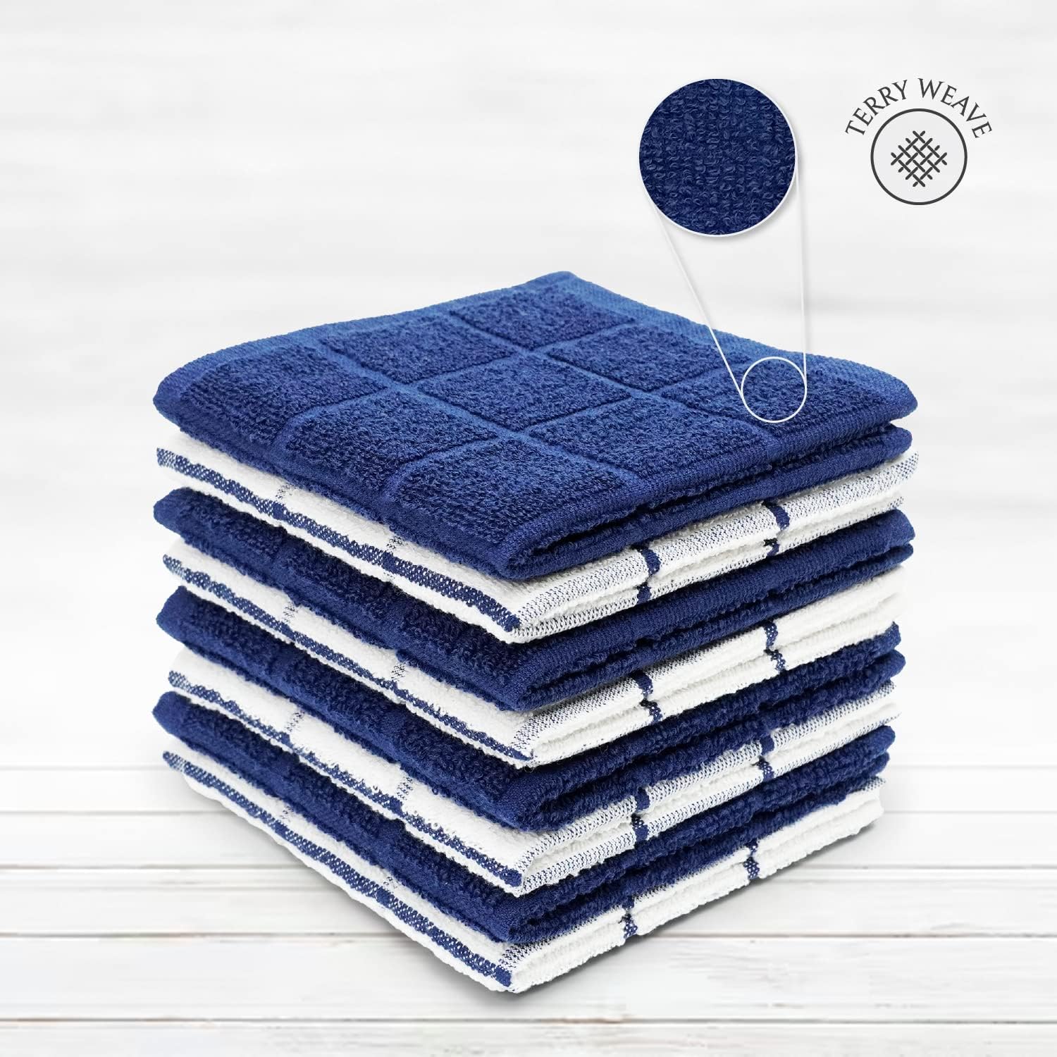 100% Cotton Terry Dish Cloth & Dish Towel, 6 Pack, Super Soft and Absorbent Kitchen Towels, Perfect for Kitchen Cleaning and Dish Washing (Navy (Solid and Check) 8 Pack)