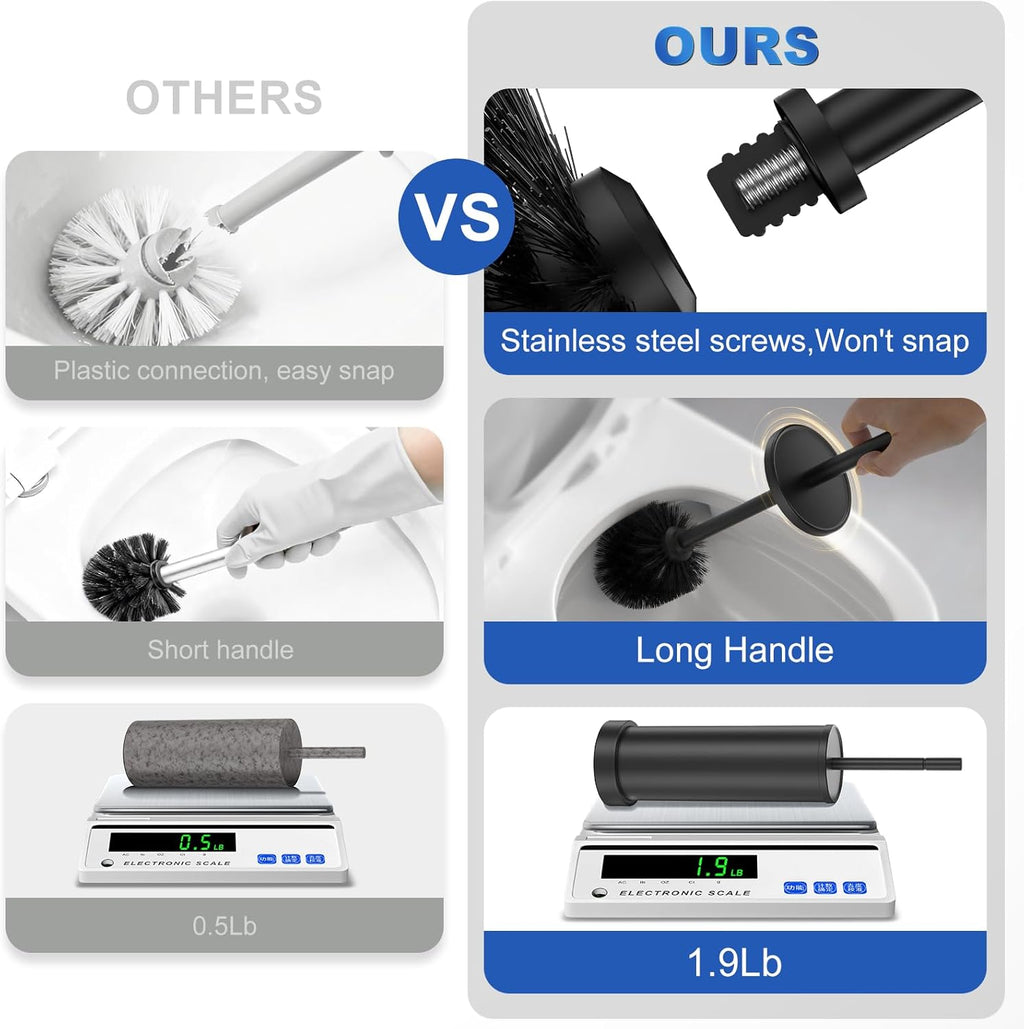 Black Toilet Brush and Holder Set, 304 Stainless Steel Heavy Duty Toilet Bowl Brush and Holder with Long Handle, Removable Inner Bowl and Splash Protection Modern Toilet Cleaner Brush for Bathroom