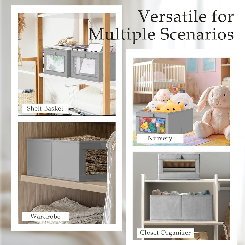 Criusia 8 Pack Linen Closet Organizers and Storage, Large Linen Closet Baskets for Organization, Foldable Storage Containers for Toys, Clothing, Towels, Jeans, Books, Shelves, Grey