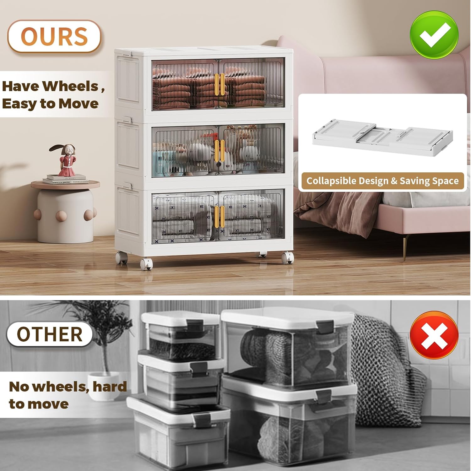 77Gal Stackable Plastic Storage Bins with Lids, Collapsible Closet Organizers and Storage with Wheels for Living Room,Office,Dorm, 30.5" W x 14.6" D x 40" H, 3 Tier