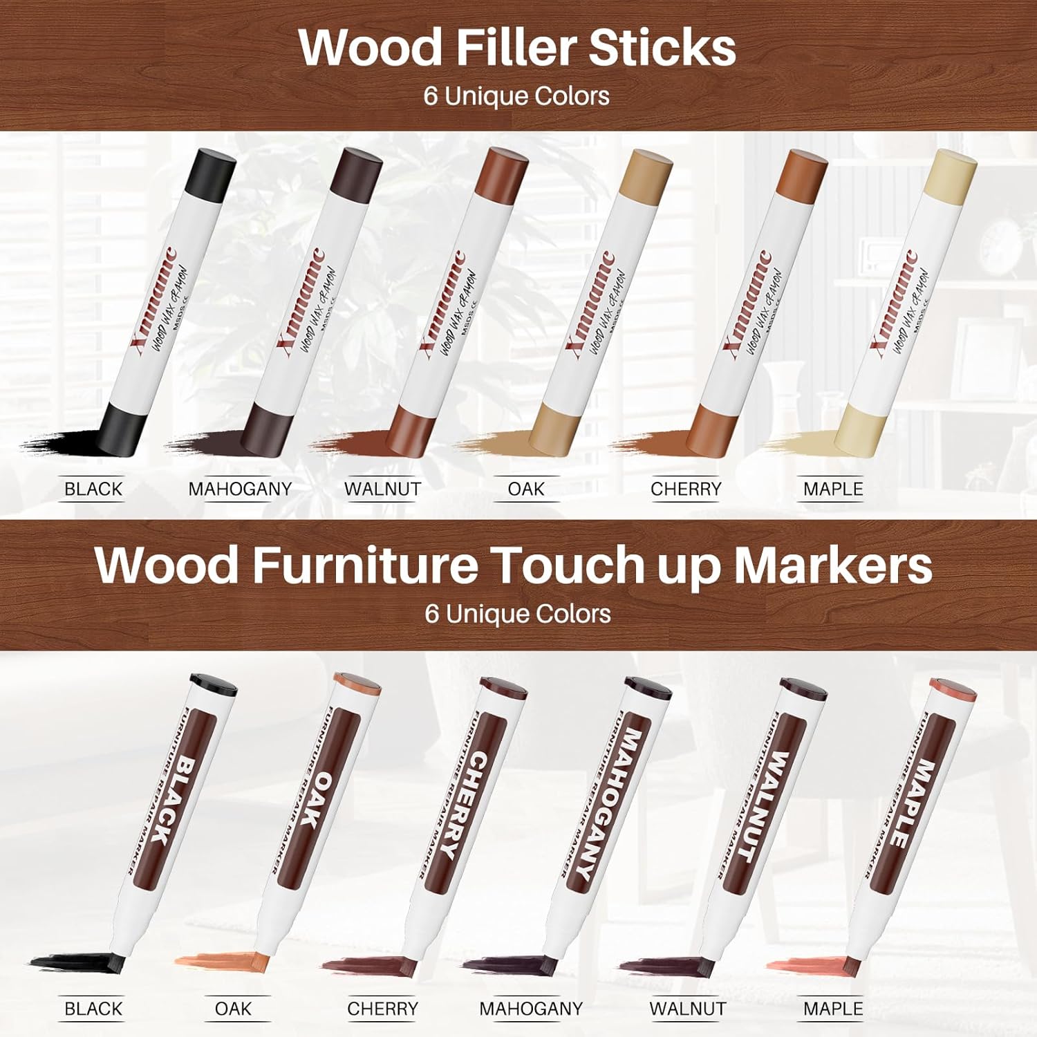 12 Colors Wood Filler Sticks Furniture Markers, Wood Floor Scratch Repair Kit for Repair Any Furniture Scratch, Scuffs, Cracks and Nail Holes on Wood Furniture, Floors, Doors, Cabinets, Tables