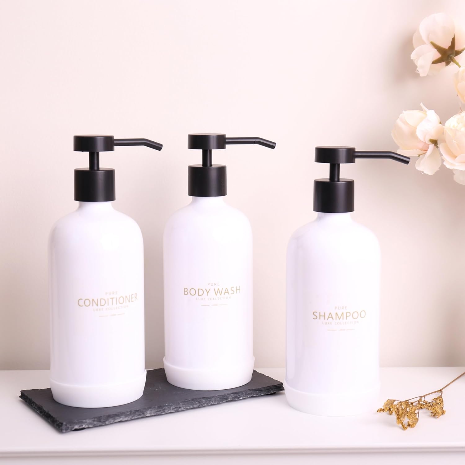 Shampoo and Conditioner Dispenser Set of 3,Refillable 21oz Shampoo Bottles with Non-Slip Protective Silicone Pad,Shower Soap Dispenser with Waterproof Labels for Bathroom (White)