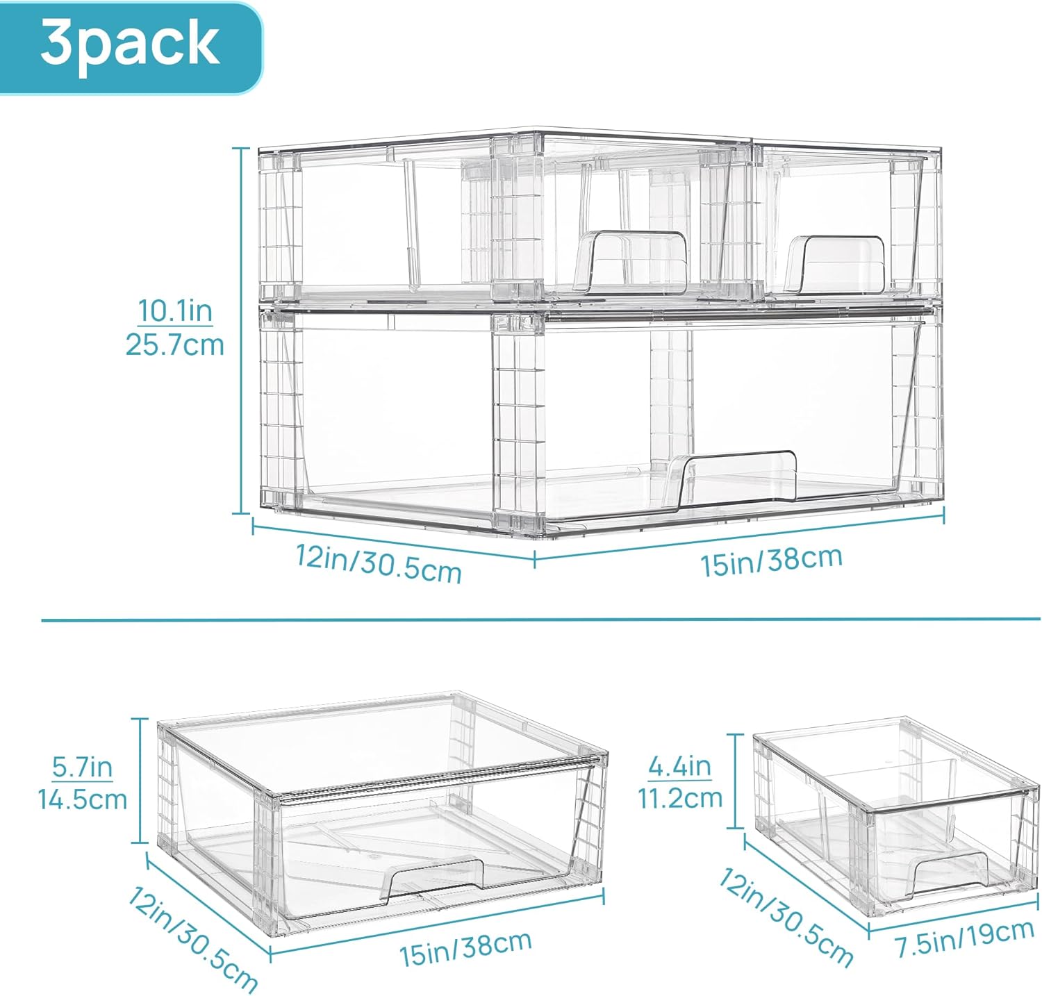 Vtopmart 3 Pack Stackable Storage Drawers, Easily Assemble Acrylic Bathroom Undersink Organizers,Clear Plastic Storage Bins for Closet,Cabinet,Pantry,Medicine Organization