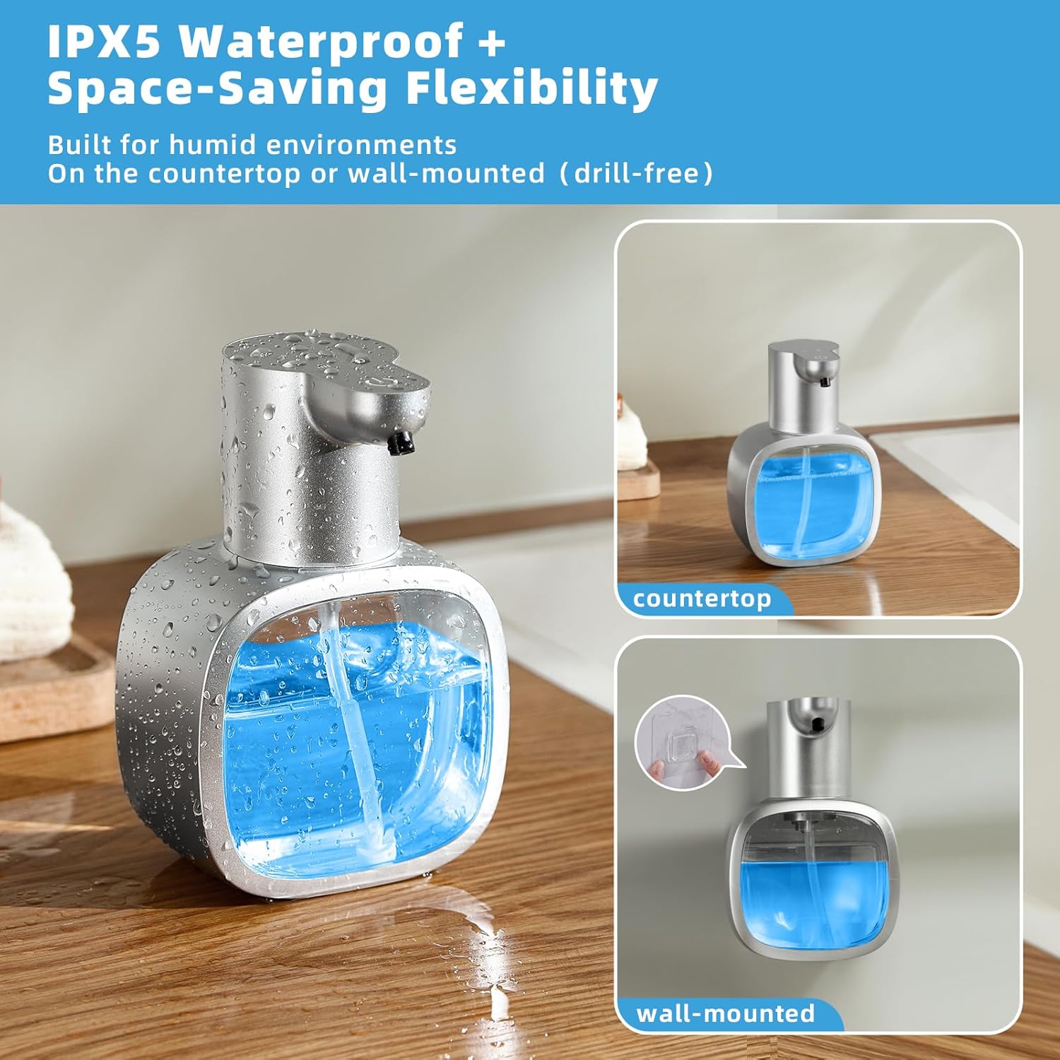 Automatic Liquid Soap Dispenser, 17oz/500ml Touchless Rechargeable with 4-Level Adjustable & IPX5 Waterproof - Level Display for Wall/Tabletop Use in Bathroom, Kitchen, Silver