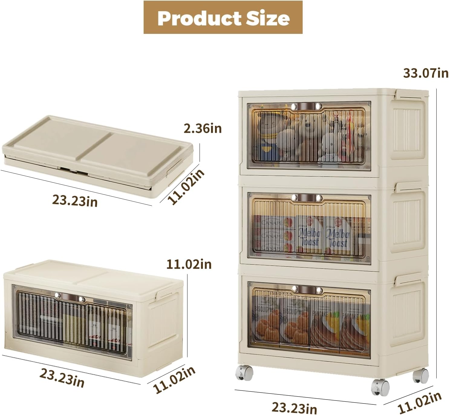 3 Tier - 48QT Storage Bins with Lids, Collapsible Storage Bins with Doors and Wheels, Plastic Storage Cabinet for Easy Storage and Organization for Living Room, Office