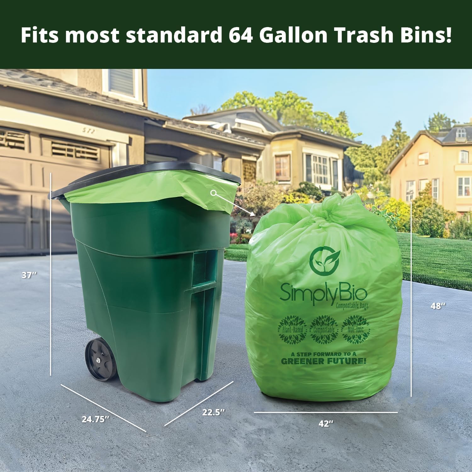 60-64 Gallon Compostable Trash Bags 12 Bags with Flat-Top Large Compost Bags Thick 1.57 Mil, 242.72 Liter Lawn and Yard Waste Bag for Outdoor Garden ASTM D6400, US BPI and OK Compost Home Certified