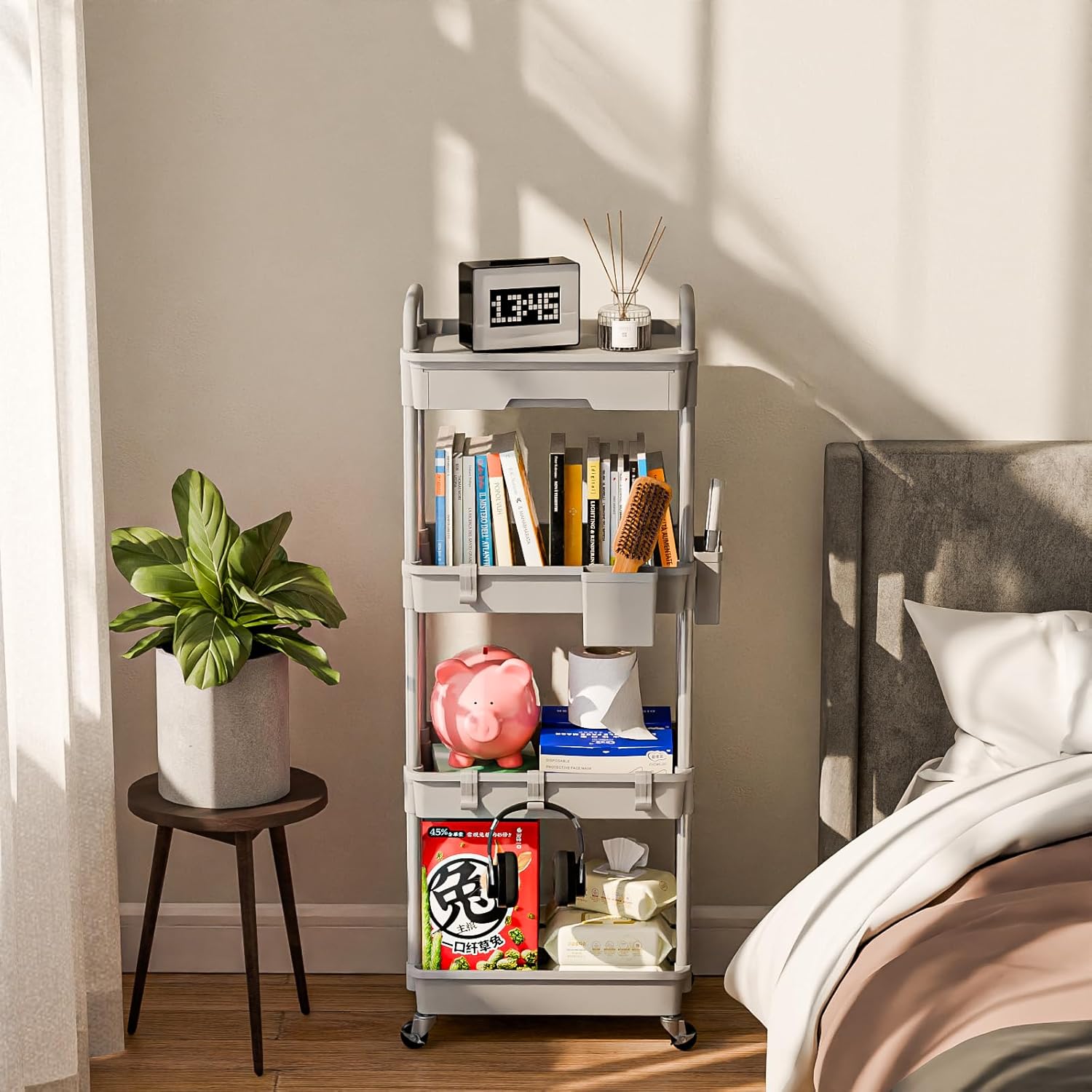 4 Tier Rolling Cart Organizer,Art Craft Diaper Bedside Snack Laundry Room Bathroom Organizer Narrow Thin Slim Rolling Trolley Utility Cart with Wheels for Kitchen,Office(Grey)