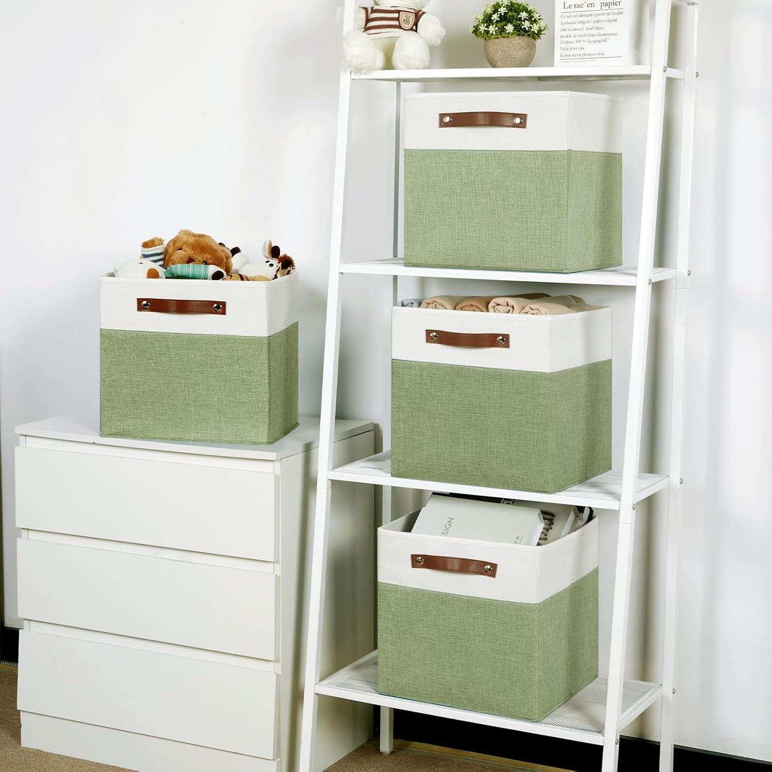 Temary 12 Inch Fabric Storage Cubes Storage Bins with Leather Handles, 4 Pack Cube Baskets Bins for Organizing Closet, Foldable Cloth Baskets for Shelves (White&Green)