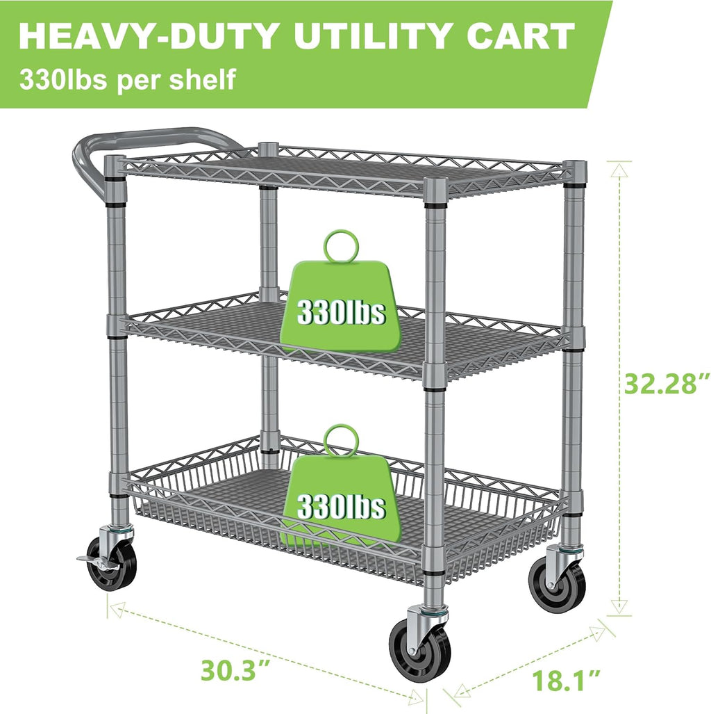 Metal Heavy Duty Carts with Wheels 1050lbs, 3 Tier Rolling Utility Cart with Storage, Steel Wire Carts with Handle Bar&Shelf Liner, Commercial Grade Trolley for Kitchen, Grocery