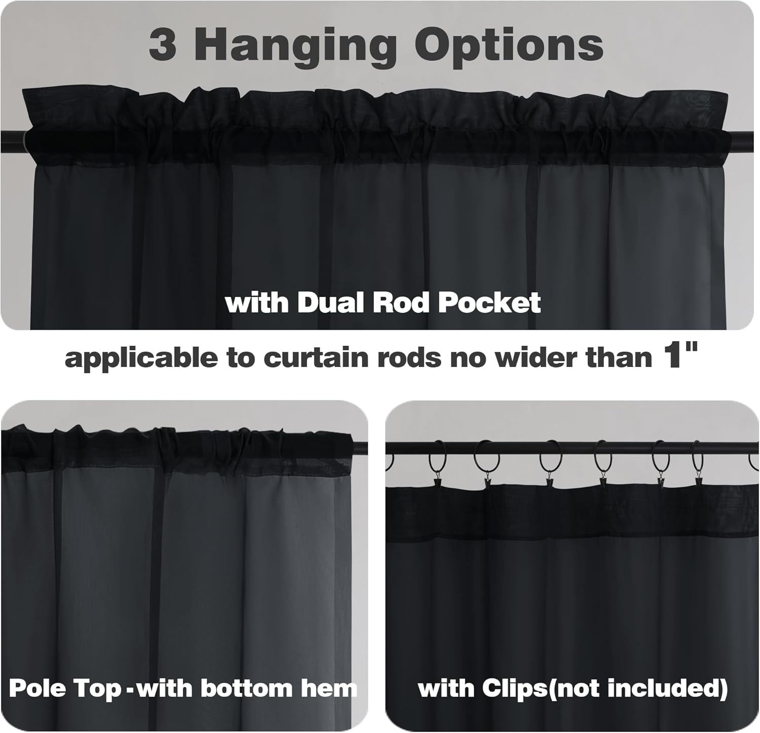 Chyhomenyc Black Sheer Curtains 84 Inch Length 2 Panels Set, Light Filtering Solid Elegant Rod Pocket Voile Window Drapes for Bedroom Living Room, Each 42Wx84L Inch, 2PCS, 7 Feet Long