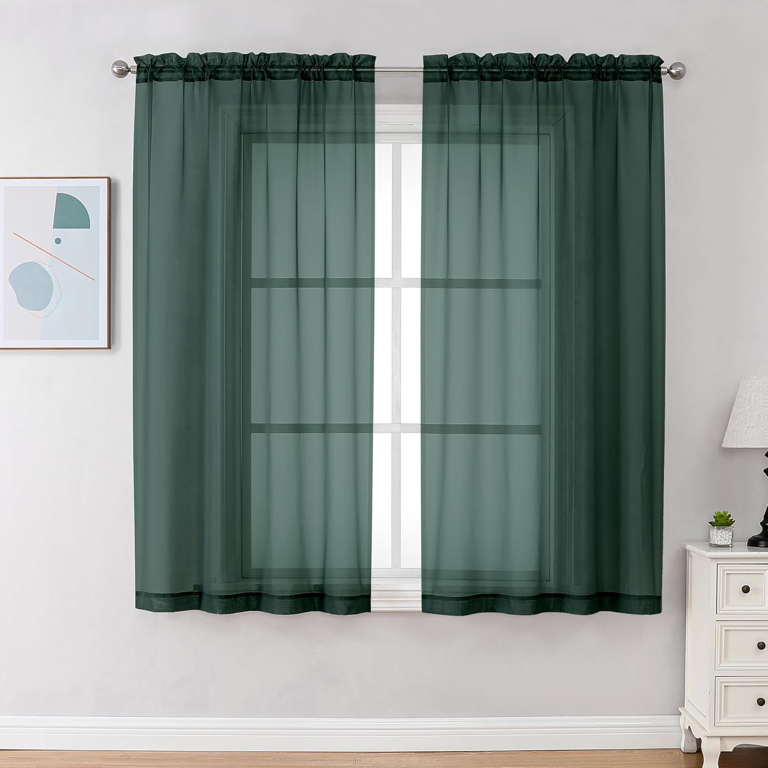 Chyhomenyc Hunter Green Sheer Curtains 54 Inch Long 2 Panels Set, Short Voile Rod Pocket Drapes for Dinning Small Windows Bathroom Living Room Bedroom, Each 42Wx54L in, 2PCS