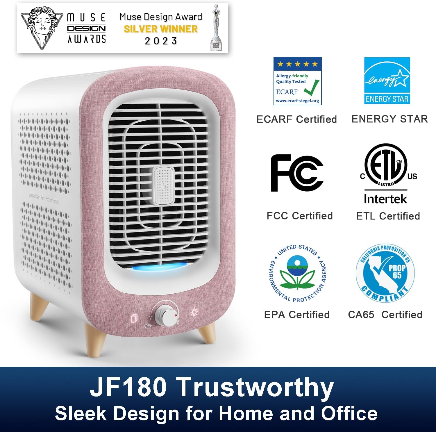 Jafanda Air Purifier for Home Bedroom 780sq ft, HEPA & Activated Carbon, Air Cleaner with Fragrance Sponge & Nightlight for Smoke, Allergies, Dust, Odor, VOC, Pet Dander, Pollen, Office, Desktop, Pink
