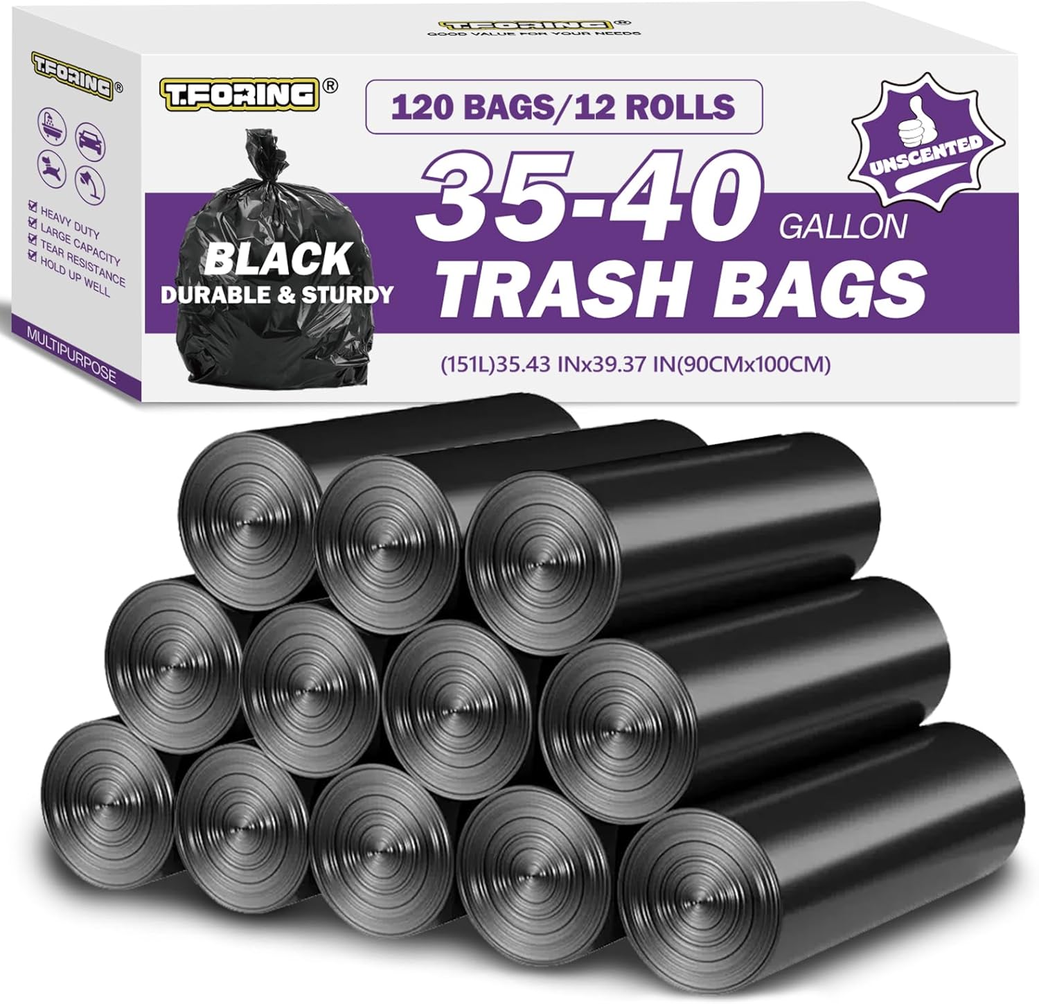 35-40 Gallon Black Trash Bags 120 Count - 35" x 40" Large Garbage Bags, 30+ Gallon Strong Trash Can Liners for Home, Commercial Use,Yard Waste, Bulk