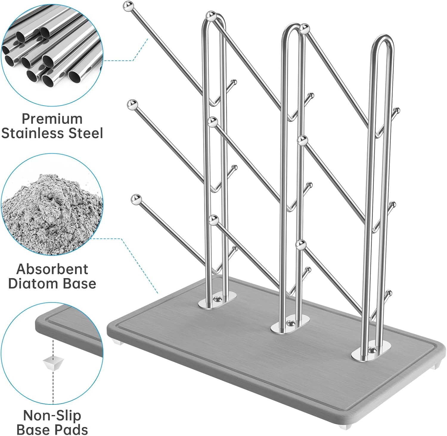 NiHome Baby Bottle Drying Rack with Diatomite Base & Stainless Steel Frame, Foldable Countertop Organizer Holds 9 Bottles, Space-Saving Stand for Water Bottles, Lids, Reusable Bags & More