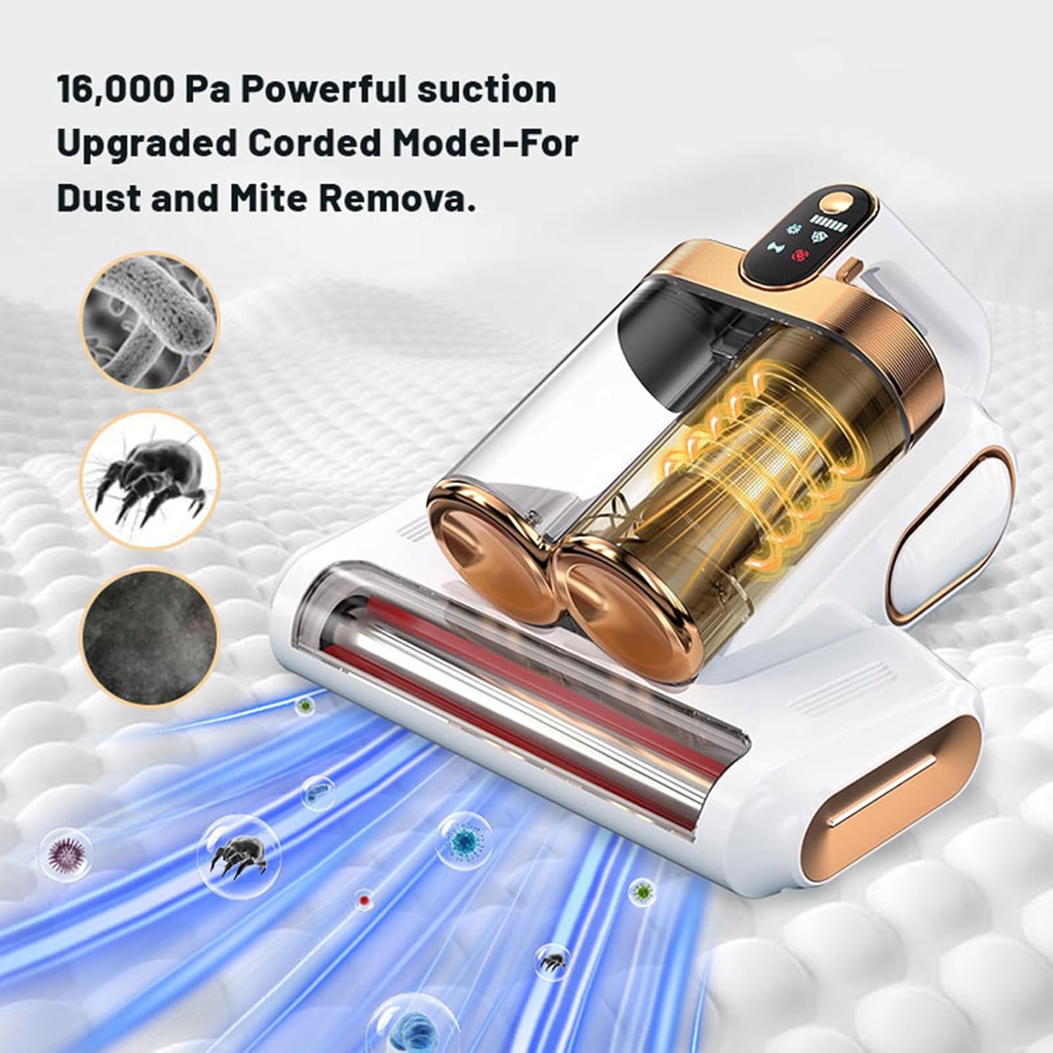 Bed Vacuum Cleaner, 16Kpa Mattress Vacuum Cleaner with 253.7nm UV-C Light 48000 RPM/Min Brushroll & Ultrasonic Tech Dual Bins for Dust & Widen Suction Port 120W Cordless for Bed Sofa(White)