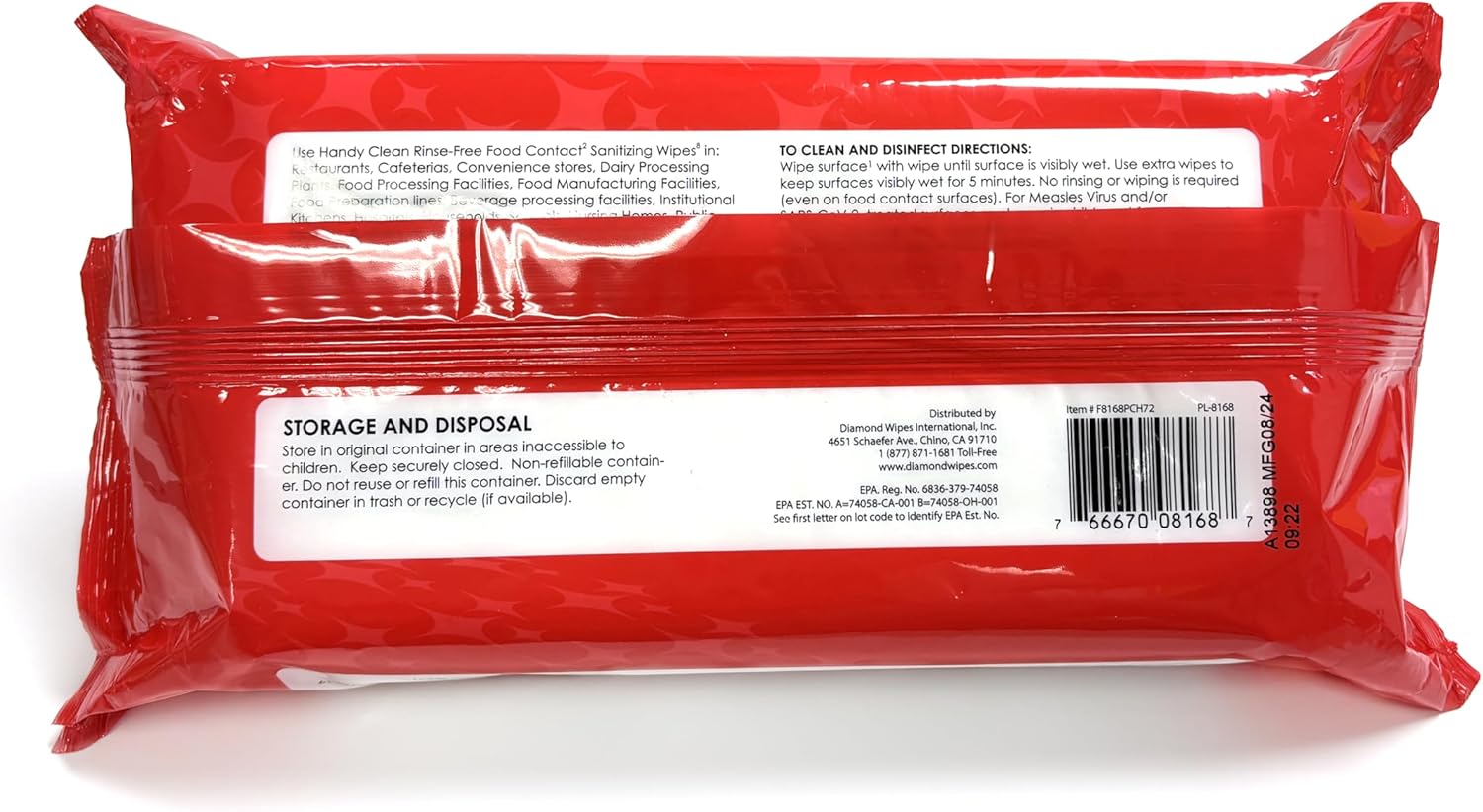 HandyClean Rinse-Free Food Contact Sanitizing Wipes Pouch, Multi Surface Cleaning Supplies for Kitchen and Professional Setting - 12 pack, 864 count