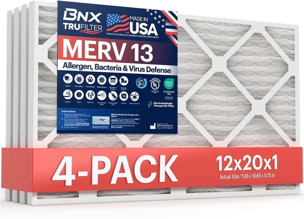 BNX TruFilter 12x20x1 Air Filter MERV 13 4-Pack) - MADE IN USA - Electrostatic Pleated Air Conditioner HVAC AC Furnace Filters for Allergies, Pollen, Mold, Bacteria, Smoke, Allergen, MPR 1900 FPR 10