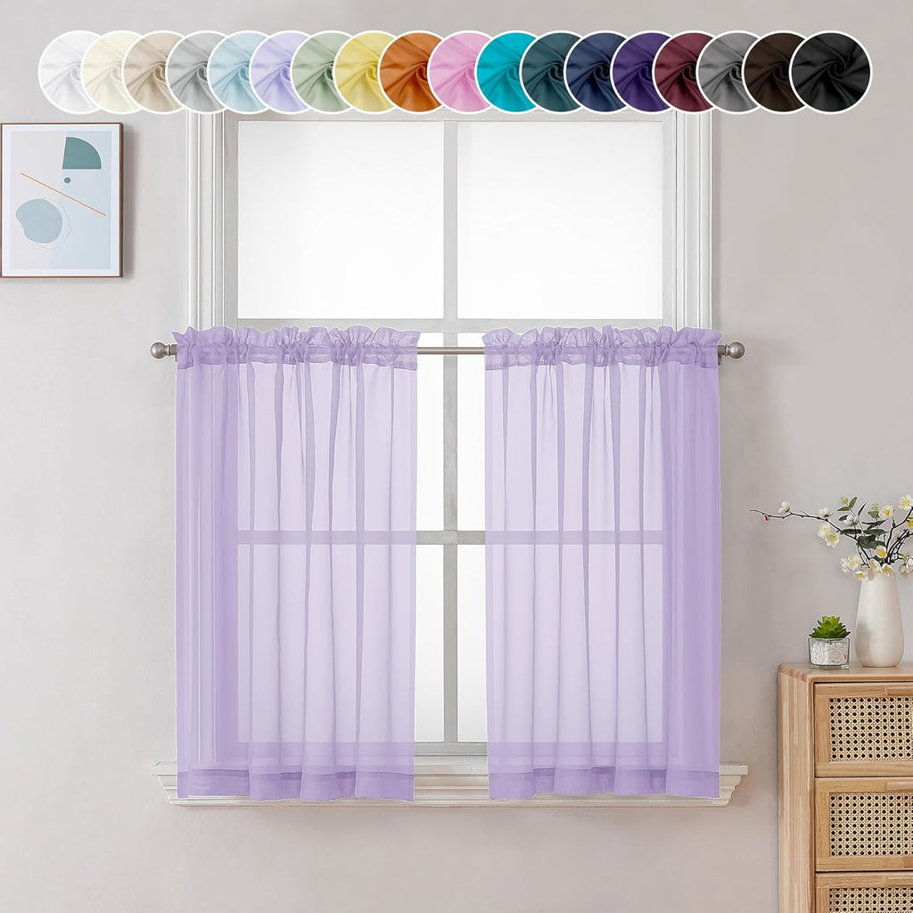 Chyhomenyc Sheer Lilac Tier Curtains 24 Inch Length, Small Window Curtains Treatment for Bathroom Living Room Basement, Short Rod Pocket Cafe Curtain, 42W x 24L Inches, 2 Panels