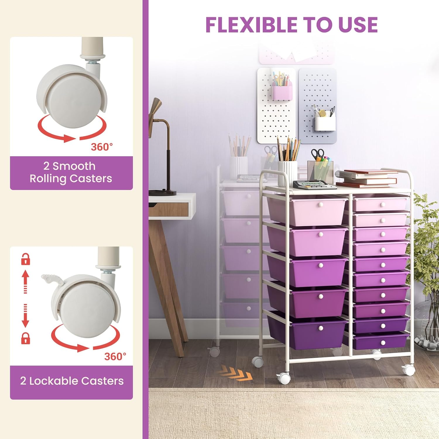 GOFLAME 15-Drawer Rolling Storage Cart, Multipurpose Movable Organizer Cart, Utility Cart for Home, Office, School, Purple Gradient