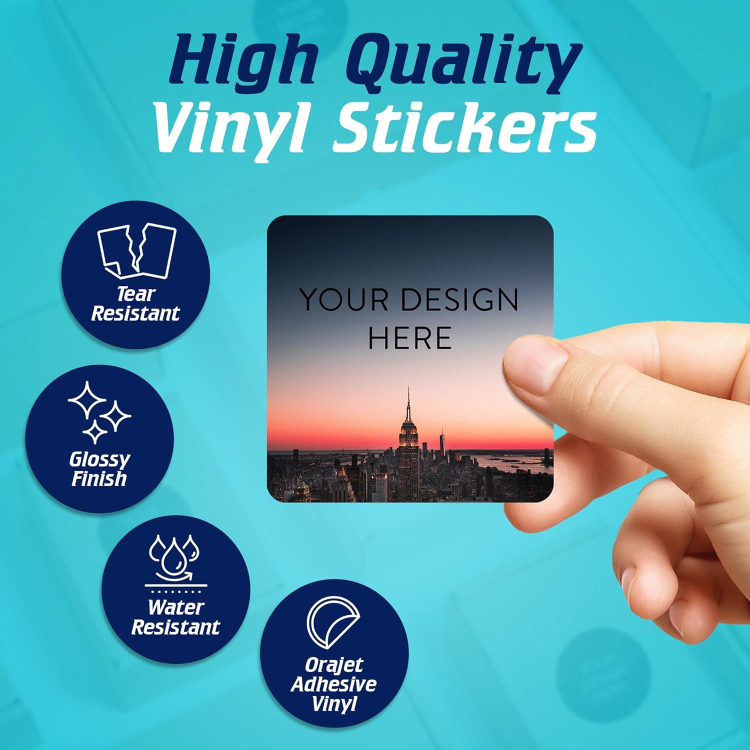 100 Custom Vinyl Stickers - Upload Your own Image, Text, Design, Logo - Personalized Logo Labels for Handmade, Packaging, Bottle, Jars, Candle, Brand Stickers (City, 2x2 Square)