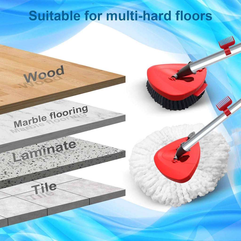 Spin Mop Head and Brush Replacement Compatible with O Cedar EasyWring 1-Tank System, 4 Mop Replace Heads, 1 Handle, 1 Base and 1 Scrub Brush Combo Set