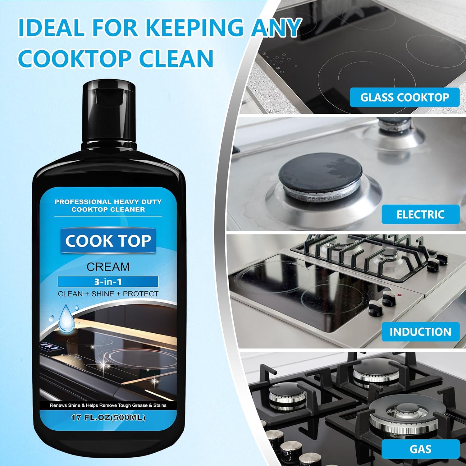 Cooktop and Stove Top Cleaner Kit, Glass Cooktop Cleaner Combo Kit with Razor, Scraper, Scrubbing Pad Removes Tough Stains, Stovetop Cleaner for Glass and Ceramic Surfaces，34OZ