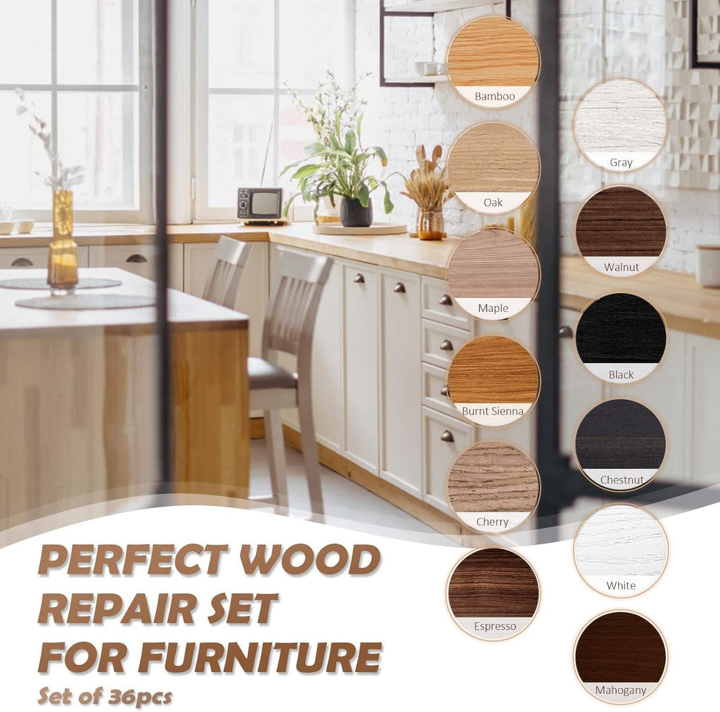 SEISSO Wood Scratch Repair Kit - Set of 36 Wood Filler Putty for Scratches Furniture Markers Touch Up Vinyl Floor Repair Kit - Restore a Finish, Cover Hardwood Scratches, Cracks, Hole, Table, Door
