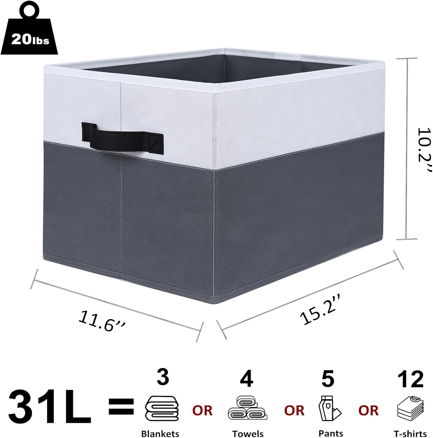 WUIKE Fabric Storage Bins, Extra Large Baskets for Organizing, Storage Bins for Shelves with Handles, Closet Organizer for Clothes, Gray & White, Extra Large, 3-Pack