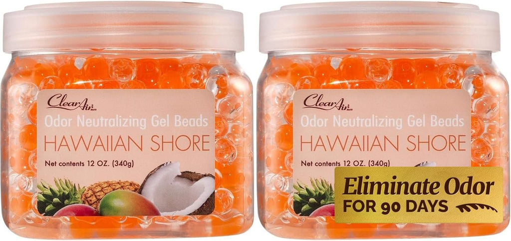 Clear Air Odor Eliminator Gel Beads - 12 oz, Pack of 2 - Air Freshener Made with Essential Oils - Eliminates Odors in Bathrooms, Cars, Boats, RVs & Pet Areas - Hawaiian Shore Scent