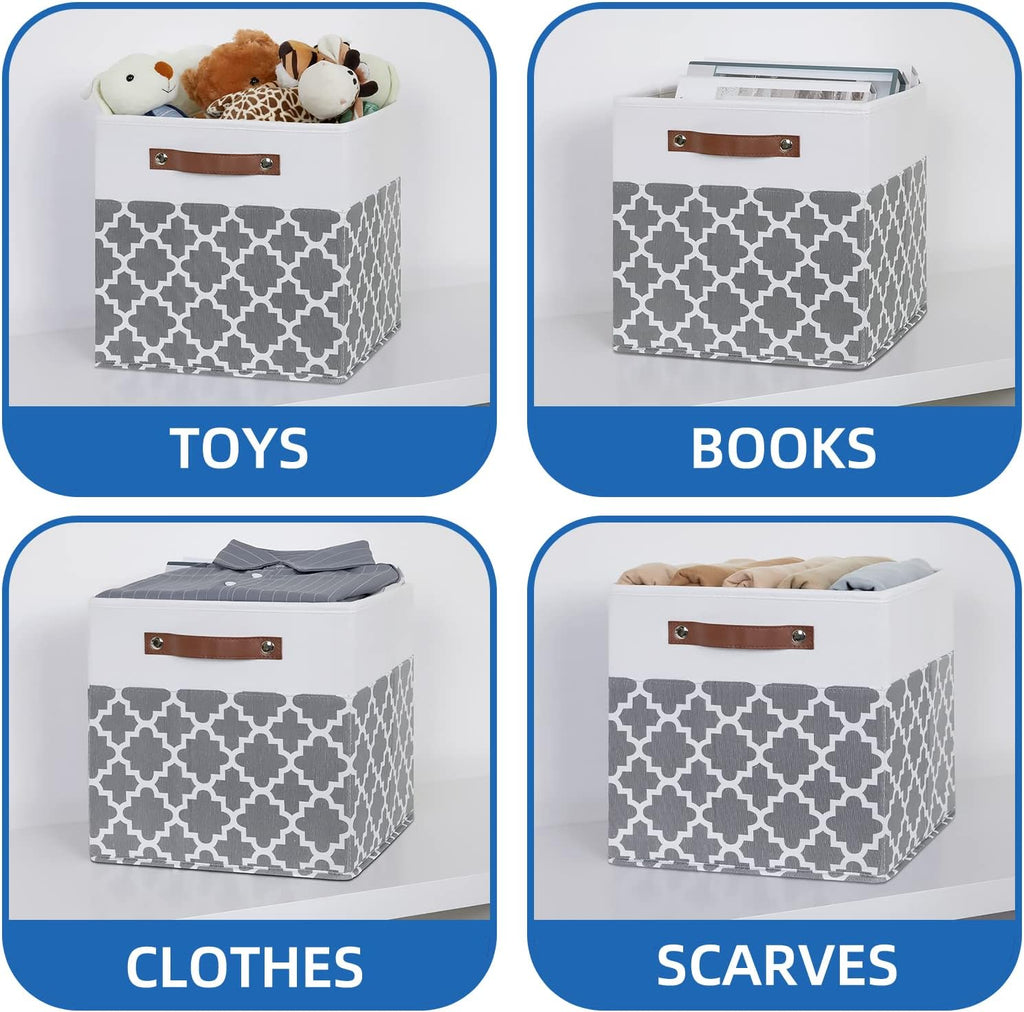 Temary 12x12x12 Fabric Storage Bins 4 Pack with Leather Handle, Foldable Cubes Storage Box Baskets for Closet, Shelf (White&Lattice)