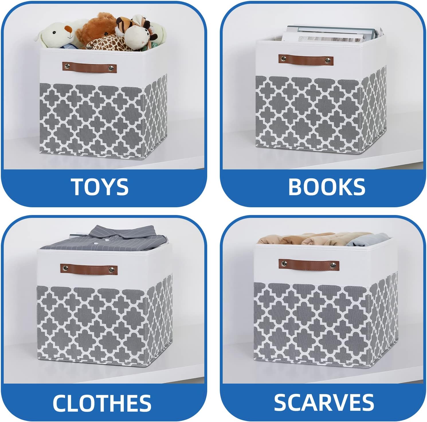 Temary 12x12x12 Fabric Storage Bins 4 Pack with Leather Handle, Foldable Cubes Storage Box Baskets for Closet, Shelf (White&Lattice)