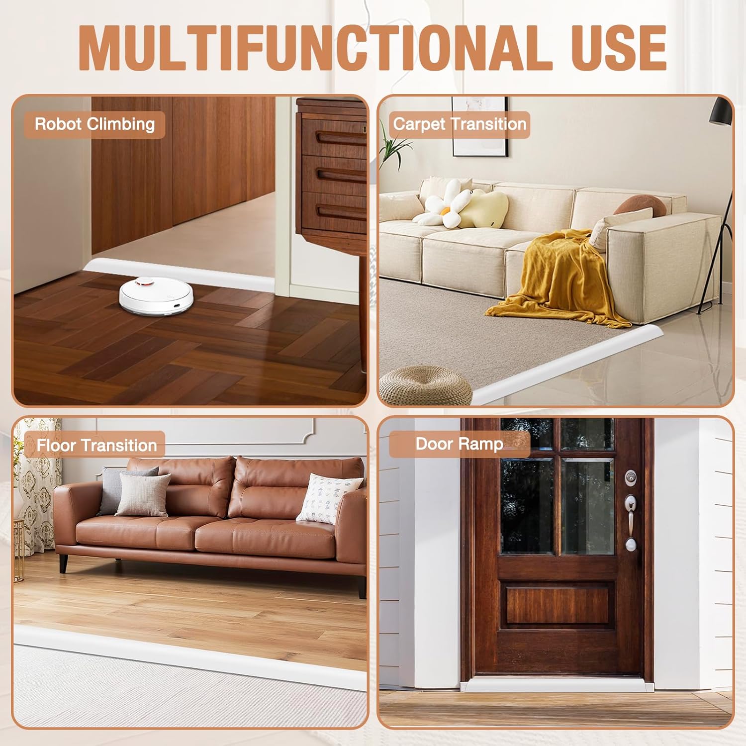 Floor Transition Strip Self Adhesive Vinyl Door Threshold for Doorways Carpet Edging Trim Overlap Edge Reducer for Laminate Floor, Carpet, Tile (White, 3/5" to 4/5", 10Ft)