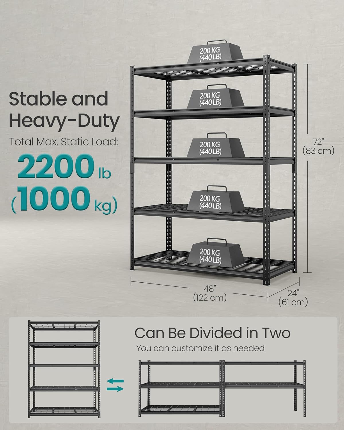 SONGMICS 5-Tier Storage Shelves, Heavy-Duty Garage Shelving, Adjustable Shelving Unit, Steel Shelf, Boltless Assembly, for Garage, 2,200 lb Load, 24 x 96 x 72 Inches, Ink Black UGLR454B02
