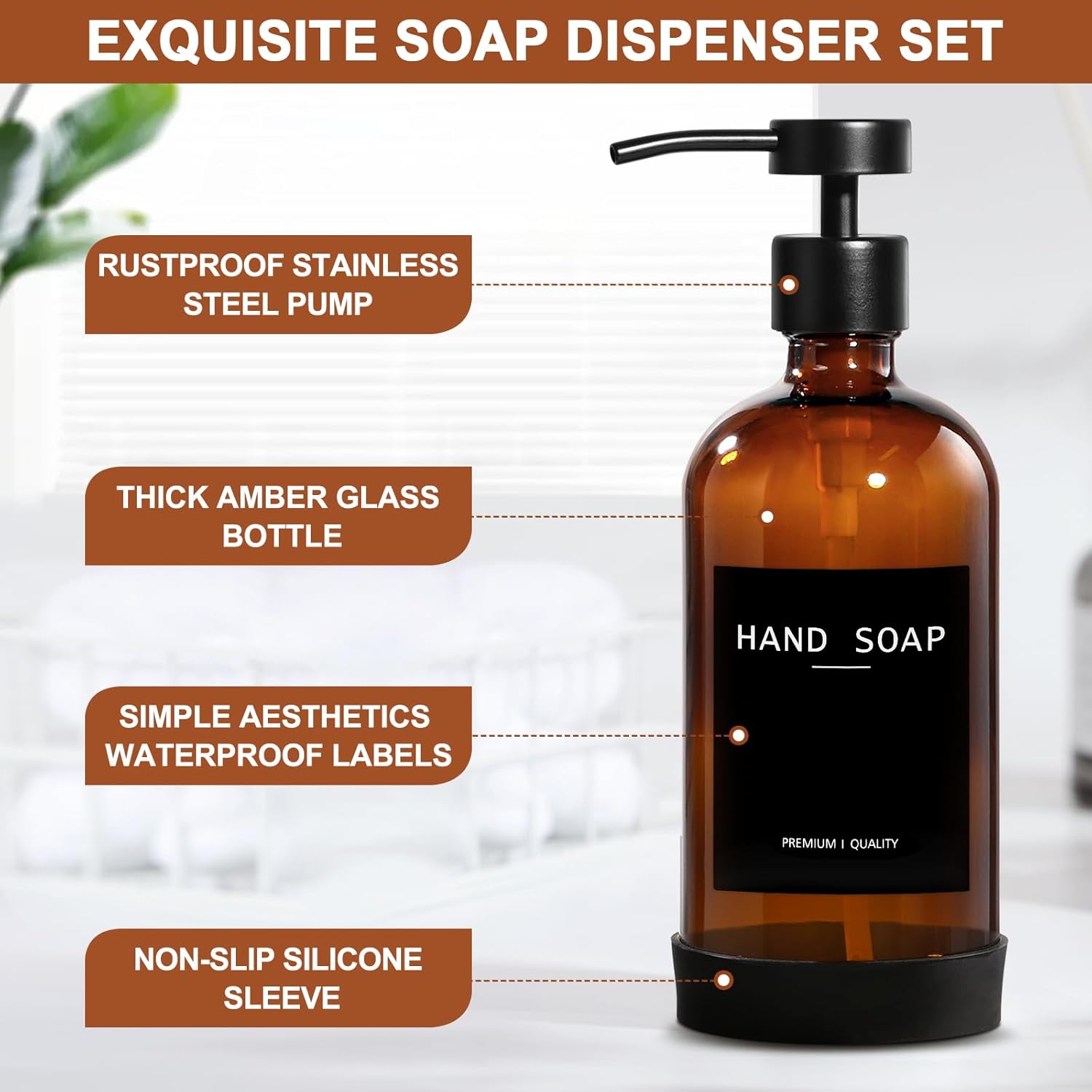 Amber Glass Soap Dispenser 2 Pack, Hand Soap Dispenser Bathroom with Stainless Steel Pump, 16.9 Fl oz Hand and Dish Soap Dispensers Set Kitchen, Modern Brown Soap Lotion Dispensers Bottle