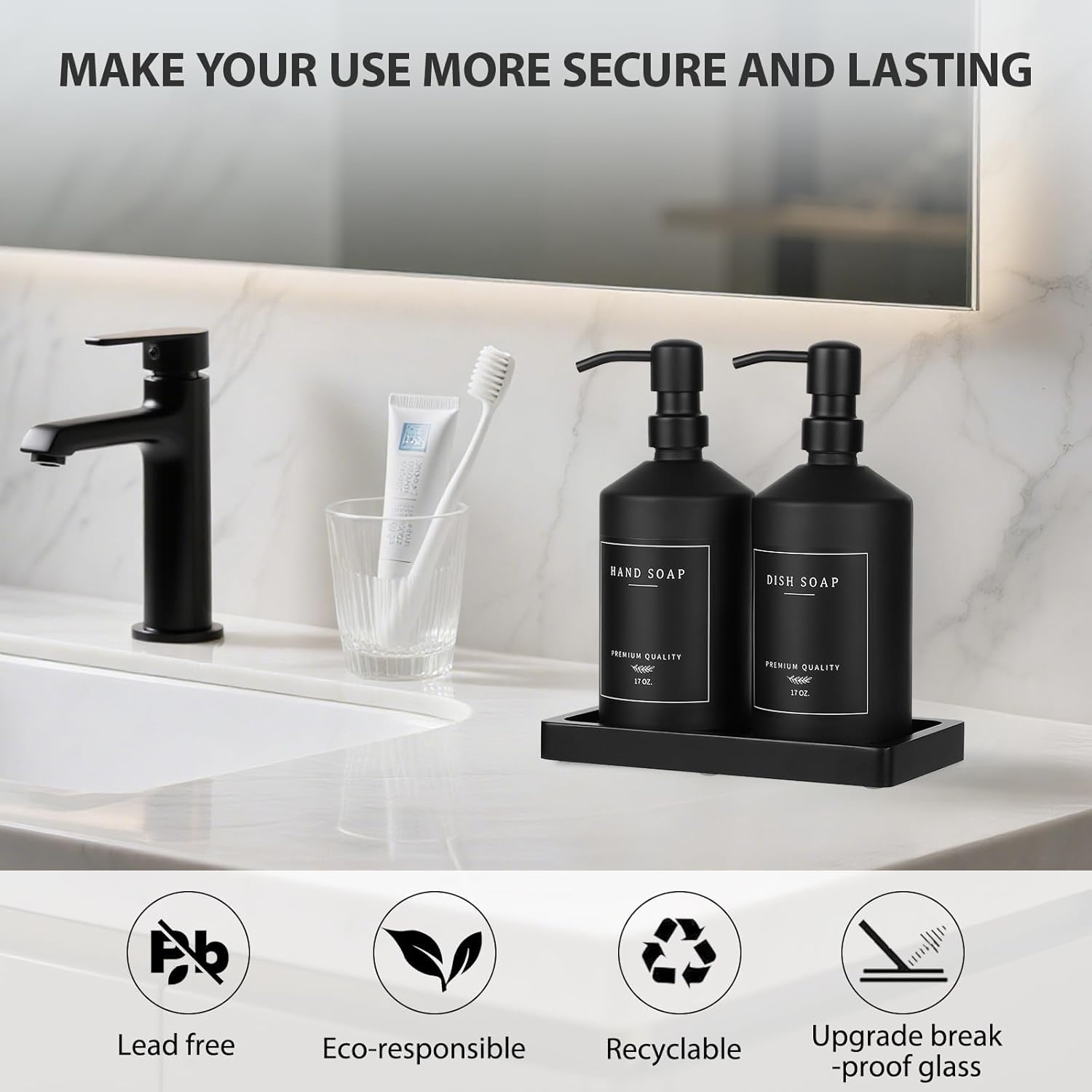 Matte Black Soap Dispenser Set, 17 OZ Hand and Dish Soap Dispenser Set, Bathroom Refillable Soap and Lotion Dispenser Set with Stainless Pump, Modern Liquid Soap Bottle Set(Black Bottle/Black Pump)