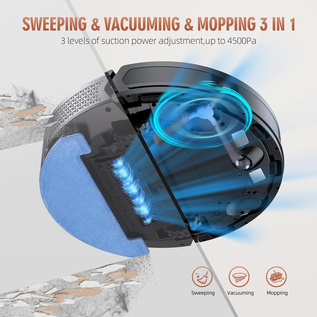 3-in-1 Robot Vacuum and Mop Combo with Self-Emptying Dock for 60 Days，LiDAR Navigation,4500Pa Strong SuctionApp/WiFi/Alexa Control, Self-Charging, Replaceable Dust Bag