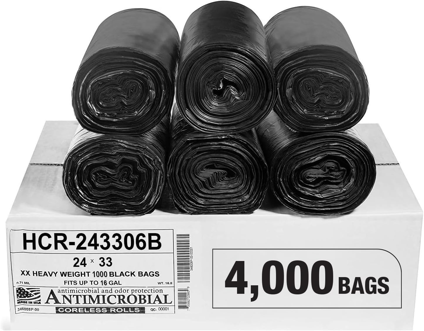 Aluf Plastics High Density Trash Bags, 16 Gallon, 4000 Count, 6 Micron (eq), 24" x 33", Black, for Bathroom, Office, Industrial, Commercial, Janitorial, Municipal, Recycling