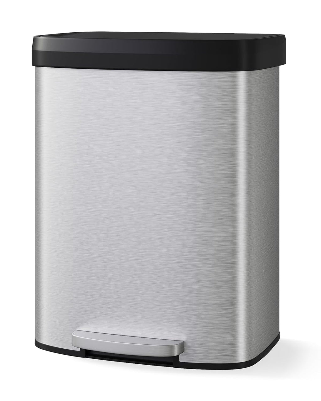 16 Gallon (60 l) Trash Can, Stainless Steel Kitchen Garbage Can, Recycling or Waste Bin with Liner Rim, Rear Handle, Soft Close Plastic Lid Step-on Pedal, Removable Inner Bucket