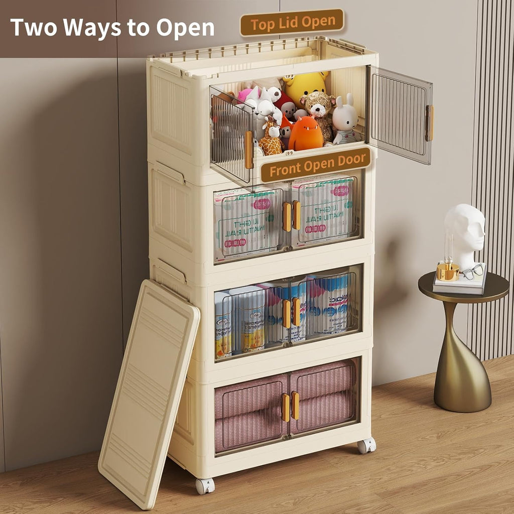 4 Tier Stackable Plastic Storage Bins with Lids 58QT, Collapsible Closet Organizers and Storage with Wheels for Living Room,Office,Dorm