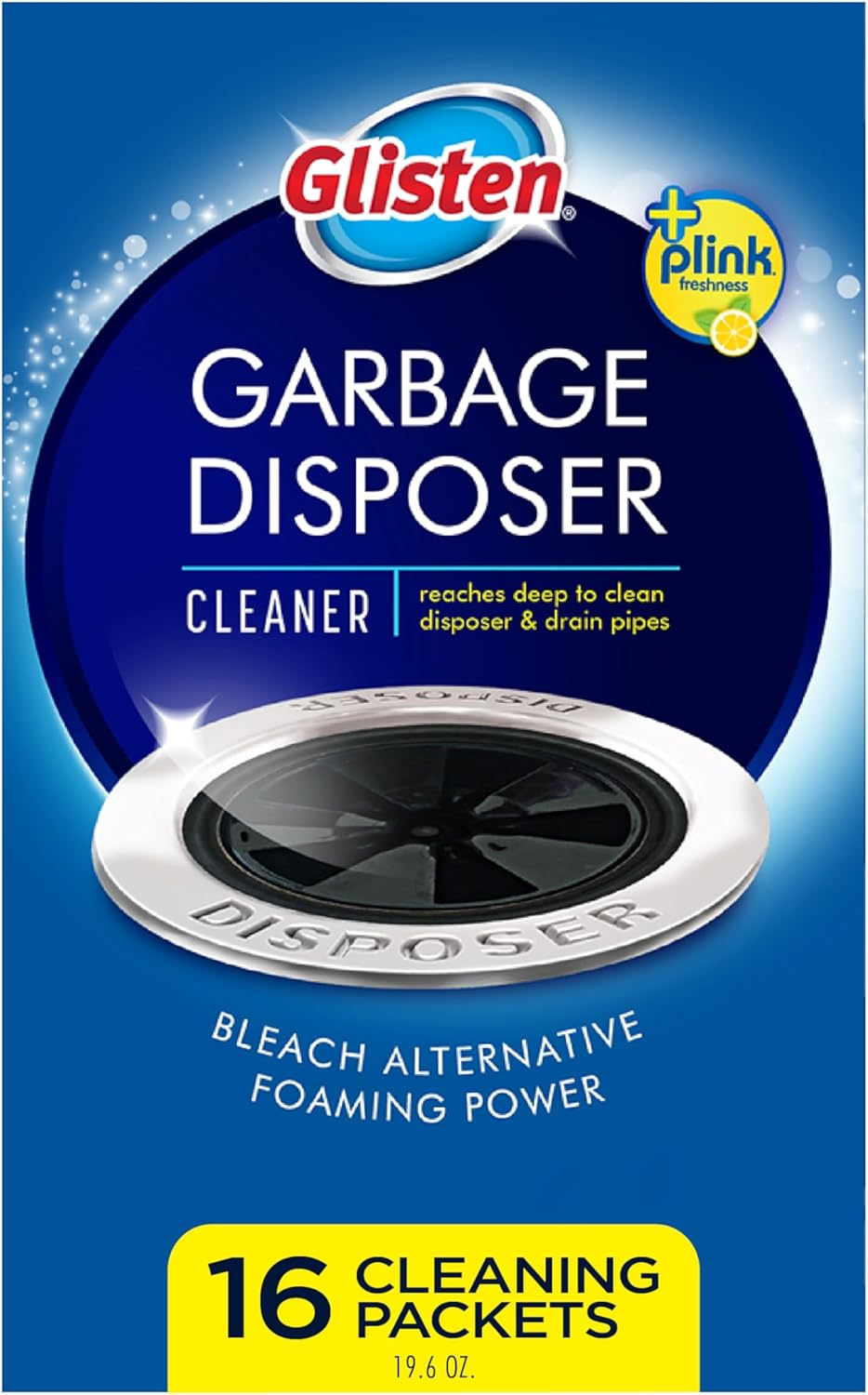 Glisten Garbage Disposer Cleaner and Freshener with Foaming Action, Helps Remove Buildup in Drains, Lemon Scent, Made in the USA, 16 Packets